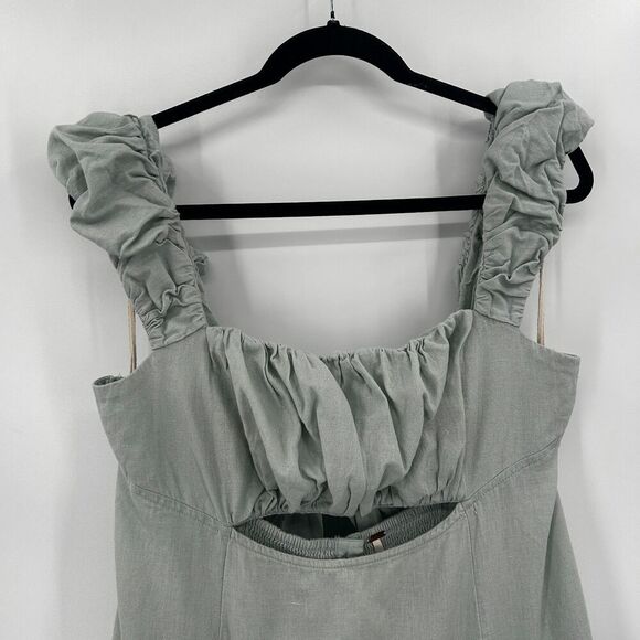 FREE PEOPLE Light Green Bom Bom Island Ruched Linen Cotton Boho Mini Dress Large - Picture 6 of 10